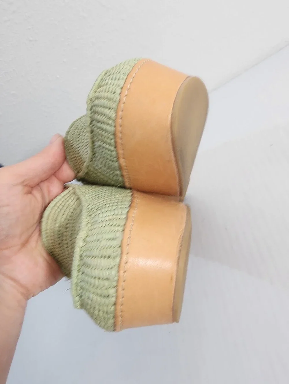 Carven x Robert Clergerie Raffia Platform Loafers Leather Sage Green EU 39.5